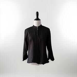 Eileen Fisher 100% Linen Jacket Blouse Top Black Size Medium Petite Woven
